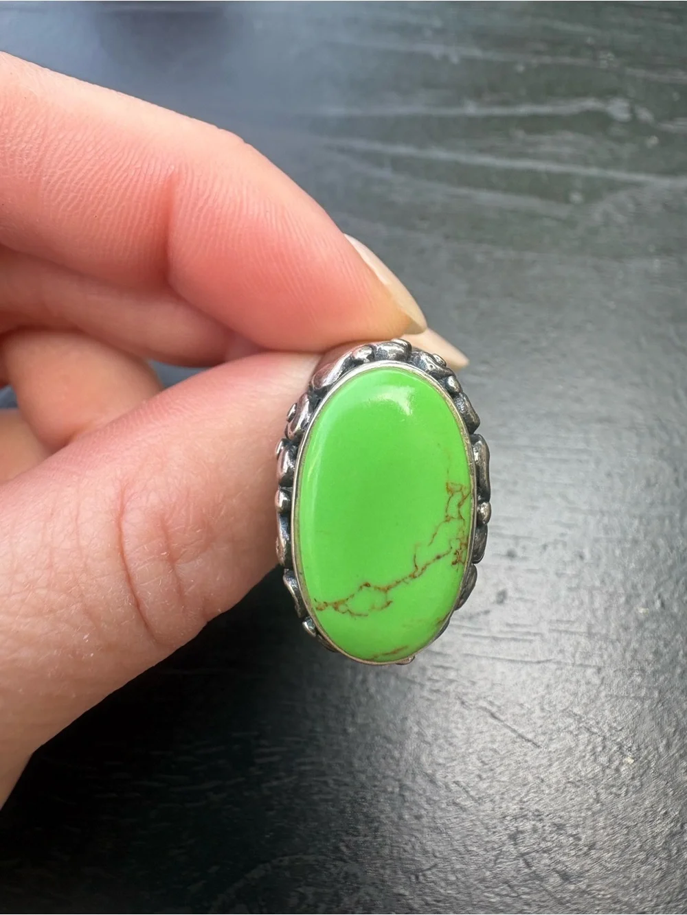 Vintage Bohemian Green Turquoise  Sterling Silver Statement Ring - Size 7.75
